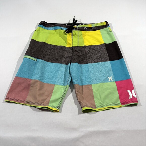 HURLEY Phantom Mens 33 Rainbow Plaid Color Block Board Shorts Swim Skateboard - Picture 1 of 13